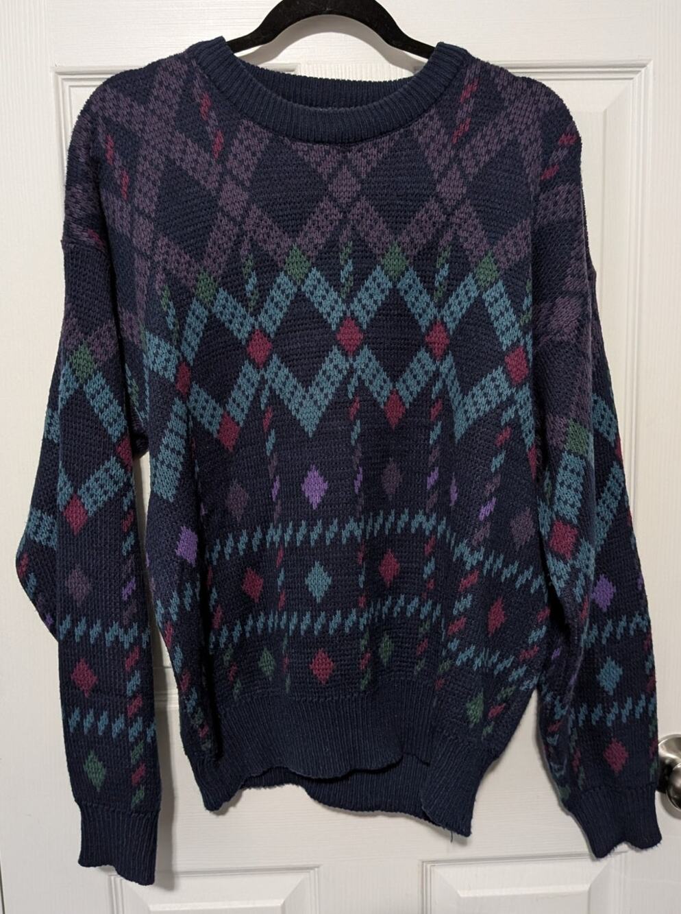 Vintage South Mountain Geometric Knit Sweater Large 90s Grandpa Argyle Diamond